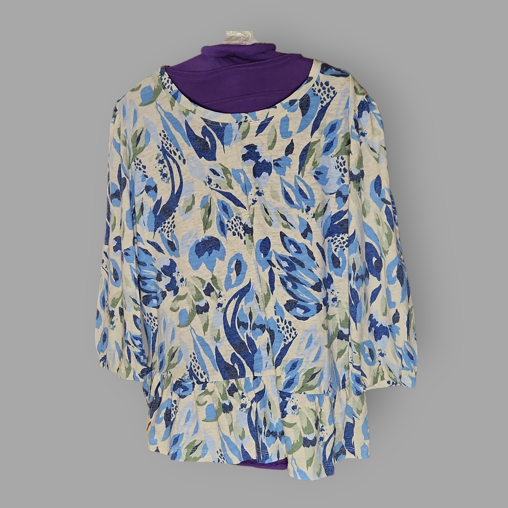 Northern Reflections Womens M Linen And Polyester Blue and Green Floral Blouse